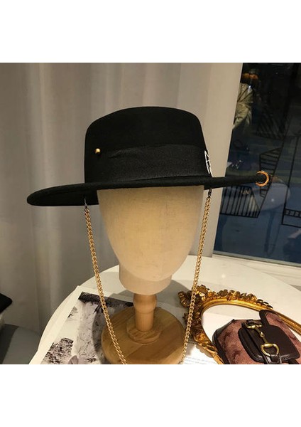 Kadınlar Siyah Ingiliz Yün Şapka Moda Parti Düz En Geniş Brim Fedora Şapka Zincir Kayış Pin Lady Kilisesi Düğün Şapka Porkpie Tarzı | Erkekler Fedoraları (Yurt Dışından)