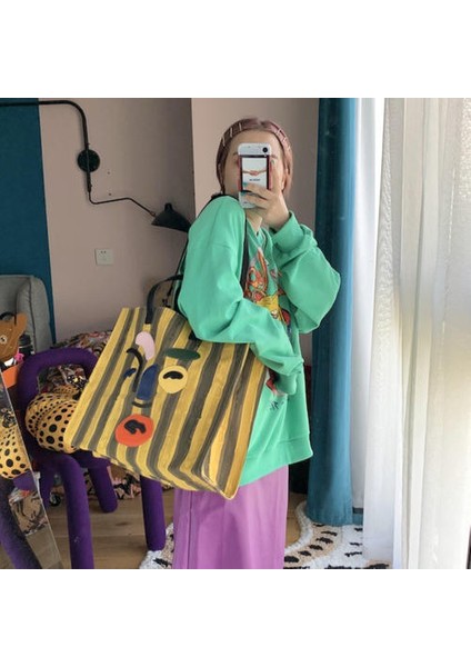 Kaprisli Palyaço Büyük Kapasiteli Tuval Çantası, Seyahat Crossbody El Taşıma Bir Omuz Çizgili Tote Çanta (Yurt Dışından)