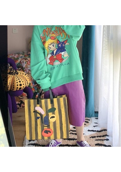 Kaprisli Palyaço Büyük Kapasiteli Tuval Çantası, Seyahat Crossbody El Taşıma Bir Omuz Çizgili Tote Çanta (Yurt Dışından)
