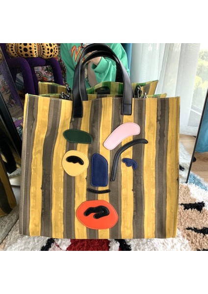 Kaprisli Palyaço Büyük Kapasiteli Tuval Çantası, Seyahat Crossbody El Taşıma Bir Omuz Çizgili Tote Çanta (Yurt Dışından)