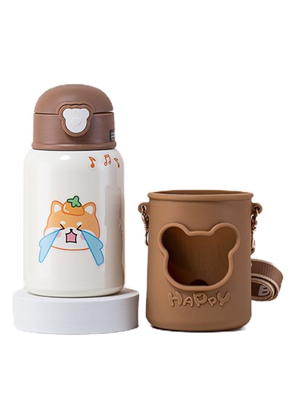 450ML Silikon Kılıf Termos Kupası Saman Portatif Portatif Messenger Termos Kupası Olan Çocuklar Için Uygun Ayı Desenli (Yurt Dışından)