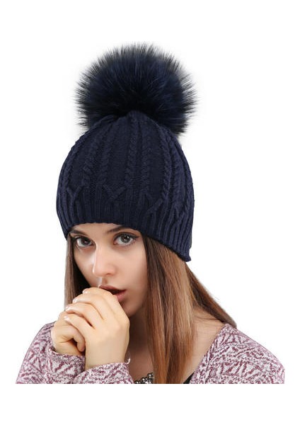 Kadınlar Çift Güverte Örme Yün Şapka Kış Doğal Rakun Kürk Sıcak Kapaklar Kadın Pom Pom Şapka Bayanlar Moda Skullies Kasketleri Kap | Sıcak Kap | Pom Pom Şapka Beanie Cap (Yurt Dışından)