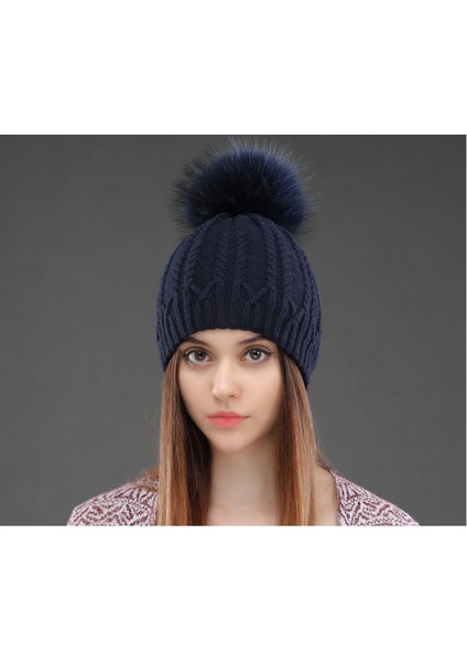 Kadınlar Çift Güverte Örme Yün Şapka Kış Doğal Rakun Kürk Sıcak Kapaklar Kadın Pom Pom Şapka Bayanlar Moda Skullies Kasketleri Kap | Sıcak Kap | Pom Pom Şapka Beanie Cap (Yurt Dışından)
