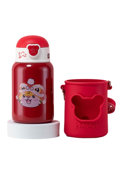 450ML Silikon Kılıf Termos Kupası Saman Portatif Portatif Messenger Termos Kupası Olan Çocuklar Için Uygun Ayı Desenli (Yurt Dışından)