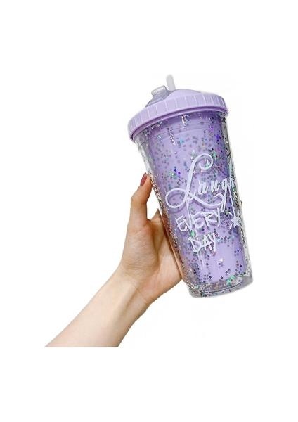 Saman ve Kapaklı Yetişkinler Için Seyahat Bardakları Su Şişesi Seyahat Buz Kullanımlık Plastik Kupası (Glitter Mor) (Yurt Dışından)