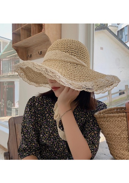 Yaz Hasır Şapka Dantel Plaj Şapka Kadın Kore Rüzgar Geçirmez Halat Seyahat Geniş Brim Güneş Şapka Zarif Lolita Kova Şapka Tatil | Kadın Güneş Şapkaları (Yurt Dışından)