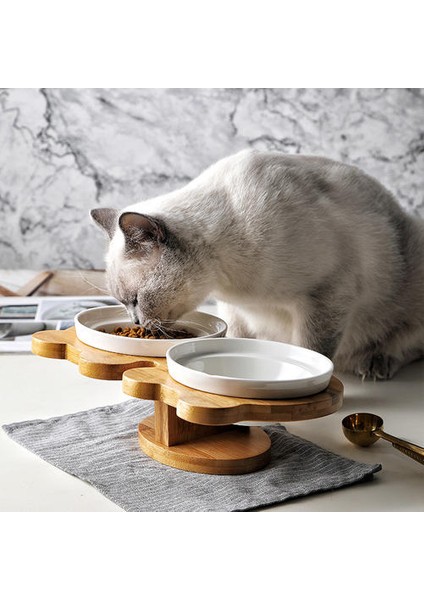 Ahşap Seramik Kedi Kase Pet Malzemeleri Çift Kaseler Gıda Su Kase Koruma Omurga Yüksek Ayak Eğik Pet Besleyici | Köpek Besleme (Yurt Dışından) fırsatları