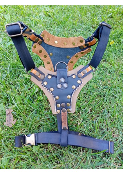 Köpek göğüs tasması hakiki deri siyah taba göğüs ölçüsü:50-90cm ayarlamalı boyun ölçüsü:40-60cm dog harness GT1-33