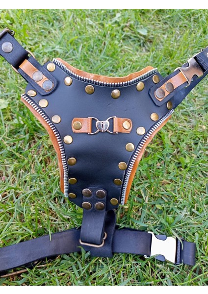Köpek göğüs tasması hakiki deri siyah taba göğüs ölçüsü:50-90cm ayarlamalı boyun ölçüsü:40-60cm dog harness GT1-33