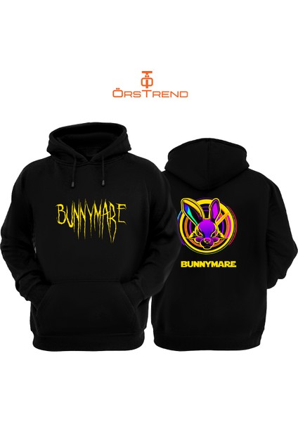 Bunnymare Baskılı 3 Iplik Unisex Siyah Kapüşonlu Sweatshirt