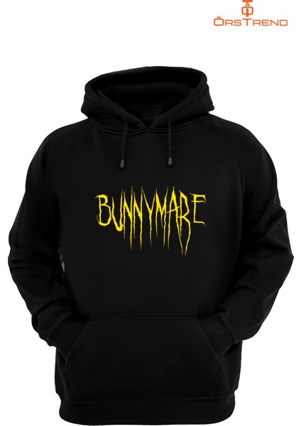 Bunnymare Baskılı 3 Iplik Unisex Siyah Kapüşonlu Sweatshirt