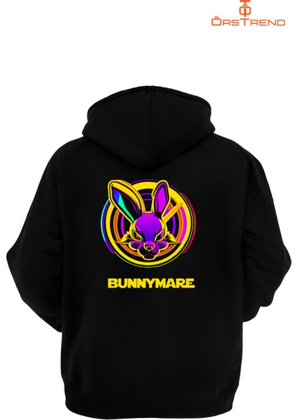 Bunnymare Baskılı 3 Iplik Unisex Siyah Kapüşonlu Sweatshirt