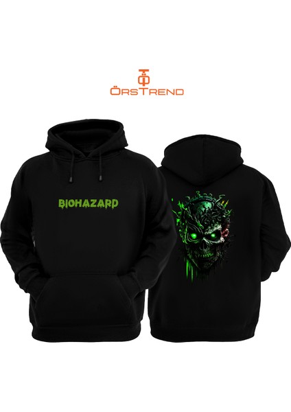 Biohazard Baskılı 3 Iplik Unisex Siyah Kapüşonlu Sweatshirt