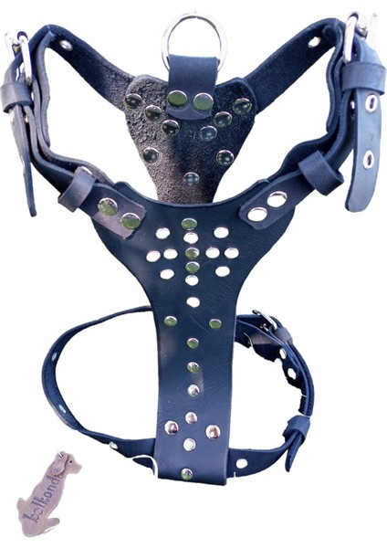 Köpek göğüs tasması hakiki deri metal trok zımbalı siyah göğüs ölçüsü:30-65cm boyun ölçüsü:30-50cm ayarlamalı dog harness GT1-29