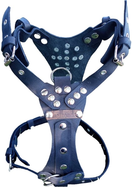 Köpek göğüs tasması hakiki deri metal trok zımbalı siyah göğüs ölçüsü:30-65cm boyun ölçüsü:30-50cm ayarlamalı dog harness GT1-29