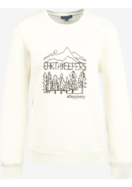Kırık Beyaz Kadın Bisiklet Yaka Nakışlı Sweatshirt D3WL-SWT16