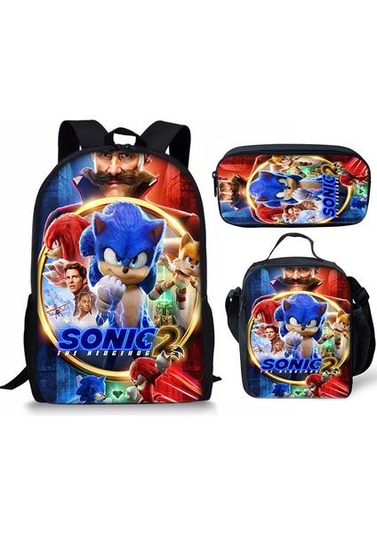 Sonic Sırt Çantası Sonic2 Öğrenci Okul Çantası Çocuk Yemek Çantası Kalem Kutusu Üç Parçalı Set (Yurt Dışından)