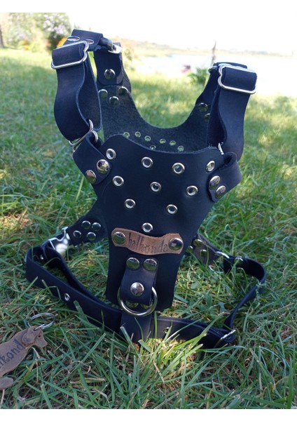 Köpek göğüs tasması hakiki deri siyah zımbalı genişlik:2,5cm göğüs ölçüsü:55-80cm boyun ölçüsü:45-65cm ayarlamalı dog harness GT1-4