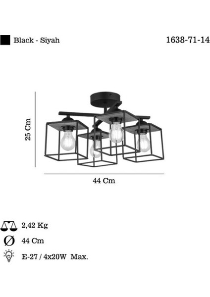 Lucea Fulenı 4'lü Siyah Plafonyer 4XE27 1638-71-14