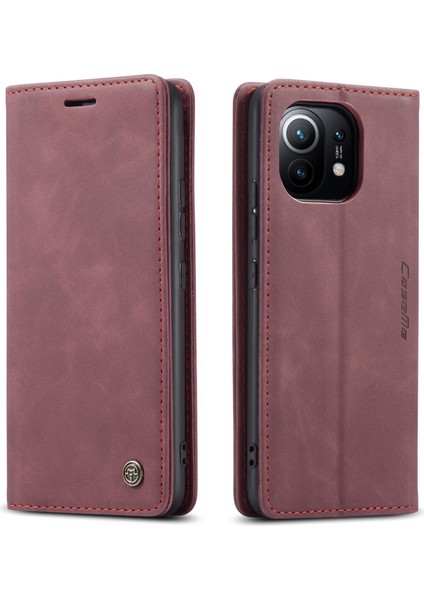 Xiaomi Mi 11-Kırmızı Için Otomatik Emilen Deri Cüzdan Standı Kabuğu Kabuğu (Yurt Dışından)