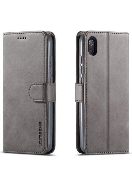 Cowhide Doku Deri Deri Cüzdan Stand Telefon Kabuğu Xiaomi Redmi 7A-GREY (Yurt Dışından)