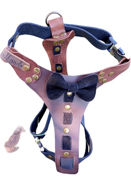 Köpek göğüs tasması hakiki deri kahverengi siyah papyonlu göğüs ölçüsü:30-55cm boyun ölçüsü:25-40cm ayarlamalı dog harness GT1-28K