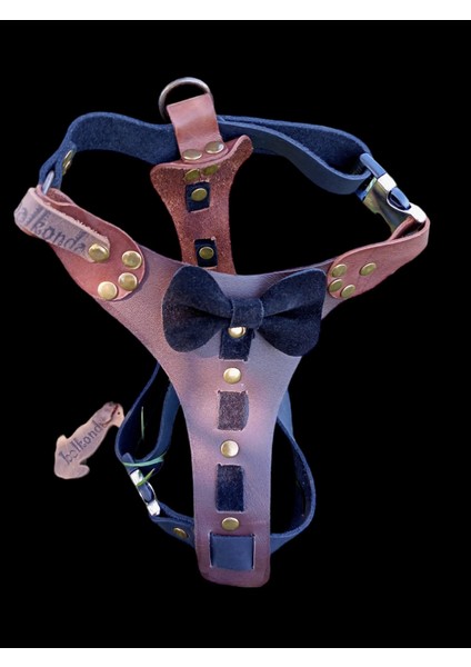 Köpek göğüs tasması hakiki deri kahverengi siyah papyonlu göğüs ölçüsü:30-55cm boyun ölçüsü:25-40cm ayarlamalı dog harness GT1-28K