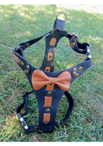 Köpek göğüs tasması hakiki deri siyah papyonlu göğüs ölçüsü:30-55cm boyun ölçüsü:25-40cm ayarlamalı dog harness GT1-28