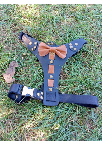 Köpek göğüs tasması hakiki deri siyah papyonlu göğüs ölçüsü:30-55cm boyun ölçüsü:25-40cm ayarlamalı dog harness GT1-28