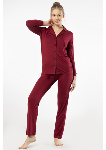 Düz Uzun Kollu Gömlek Yaka Pijama Takım 3365/BORDO fiyatları