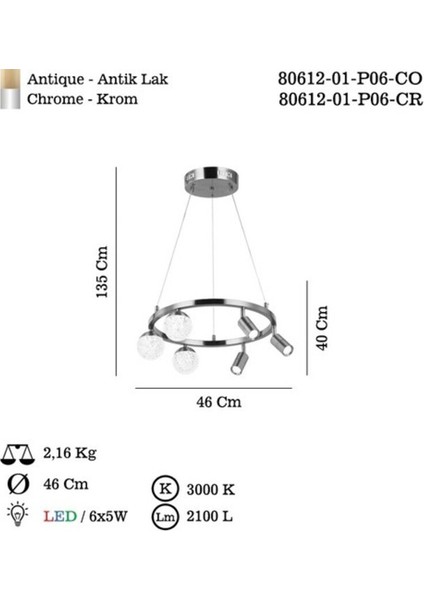 Lucea Branco 3+3'lü Krom Ledlı Avıze 400 mm Kademelı
