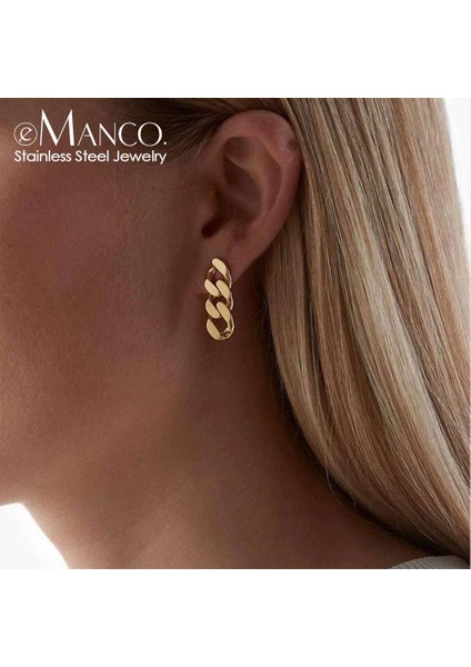 YE35968-GÜMÜŞ Renk Emanco Punk Küba Link Zinciri Saplama Küpe Moda Kadınlar Için Hakiki Altın Kaplama Yüzük Toka Dangle Kaya Takı Hediye (Yurt Dışından)