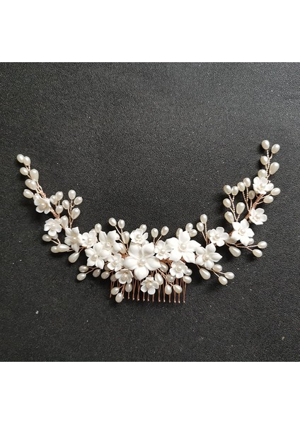 5051 Gül Altın Slbrıdal El Yapımı Kristal Rhinestone Inciler Seramik Çiçek Gelin Saç Tarak Düğün Saç Aksesuarları Nedime Kadın Takı (Yurt Dışından)