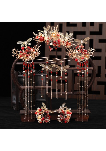 1377 Vintage Kırmızı Anka Taç Saç Dekorasyon El Yapımı Püskül Saç Klip Küpe Seti Kadın Saç Takı Gelin Çin Tarzı Headdress (Yurt Dışından)