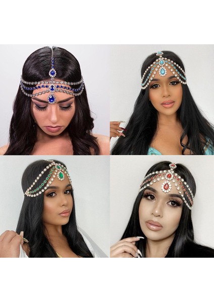 Gümüş Yeşil Boho Rhinestone Alın Bandı Saç Aksesuarları Kadınlar Için Saç Tokası Saç Süsü Tiara Frontlet Hint Bohemia Saç Takı (Yurt Dışından)