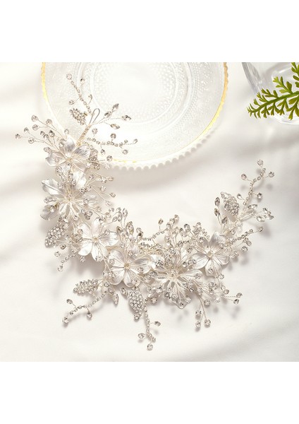 Gümüş Düğün Bandı Gümüş Renk Kristal Tiara El Yapımı Gelin Headdress Çiçek Yaprak Saç Takı Kafa Bandı Gelin Saç Aksesuarları (Yurt Dışından)