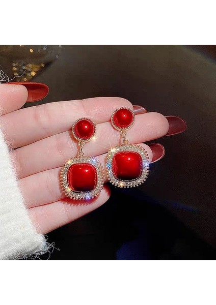 Geometrik Inci Kulak Inci Ilmek Dangle Küpe Kadınlar Için Fransız Vintage Kırmızı Gül Çiçek Ilmek Inci Sonbahar Kış Festivali Takı Aksesuarları (Yurt Dışından)