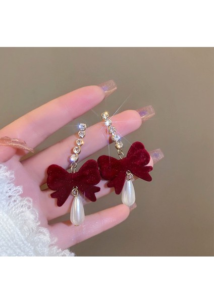 Geometrik Inci Kulak Inci Ilmek Dangle Küpe Kadınlar Için Fransız Vintage Kırmızı Gül Çiçek Ilmek Inci Sonbahar Kış Festivali Takı Aksesuarları (Yurt Dışından) fırsatları