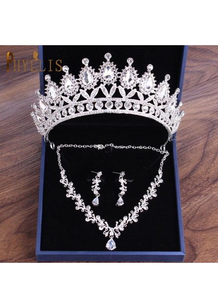 C48 Gümüş-3 Pcs A111 Gelin Şapkalar Küpe Kolye Takı Seti Için Düğün Tiaras ve Taçlar Gelin Başlığı Taklidi Kafa Bandı Kraliçe Diadem (Yurt Dışından)
