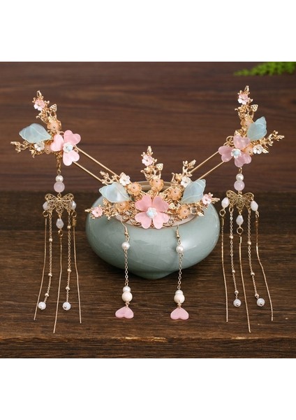 Altın Çin Uzun Saç Tokası Tiara Başlığı Kadın Saç Aksesuarları Çiçek Kristal Inci Saç Tokası El Yapımı Hanfu Saç Takı Seti (Yurt Dışından)