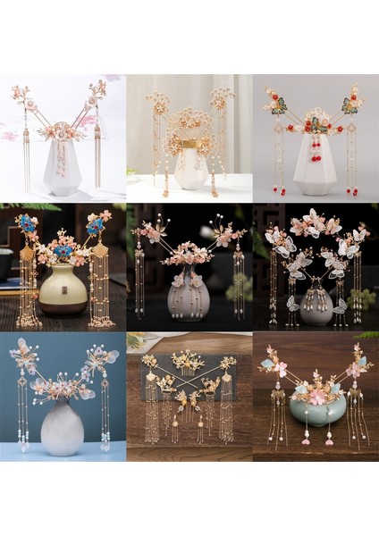Altın Çin Uzun Saç Tokası Tiara Başlığı Kadın Saç Aksesuarları Çiçek Kristal Inci Saç Tokası El Yapımı Hanfu Saç Takı Seti (Yurt Dışından) fiyatları