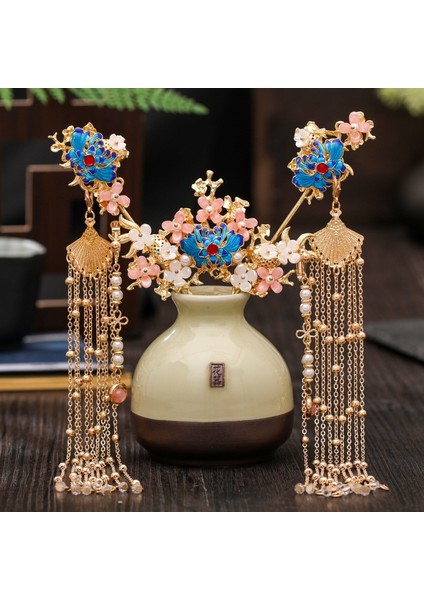 Altın Çin Uzun Saç Tokası Tiara Başlığı Kadın Saç Aksesuarları Çiçek Kristal Inci Saç Tokası El Yapımı Hanfu Saç Takı Seti (Yurt Dışından) fırsatları
