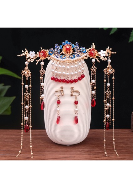 1054 Vintage Kırmızı Phoenix Taç Saç Dekorasyon El Yapımı Püskül Saç Klip Küpe Seti Kadın Saç Takı Gelin Çin Tarzı Headdress (Yurt Dışından)