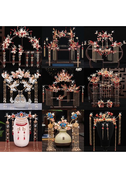 1054 Vintage Kırmızı Phoenix Taç Saç Dekorasyon El Yapımı Püskül Saç Klip Küpe Seti Kadın Saç Takı Gelin Çin Tarzı Headdress (Yurt Dışından) fiyatları