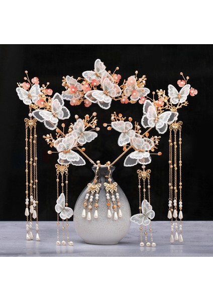 1054 Vintage Kırmızı Phoenix Taç Saç Dekorasyon El Yapımı Püskül Saç Klip Küpe Seti Kadın Saç Takı Gelin Çin Tarzı Headdress (Yurt Dışından) modelleri