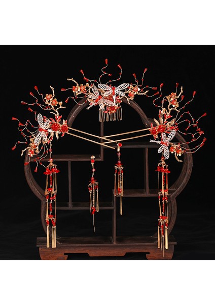 1054 Vintage Kırmızı Phoenix Taç Saç Dekorasyon El Yapımı Püskül Saç Klip Küpe Seti Kadın Saç Takı Gelin Çin Tarzı Headdress (Yurt Dışından) indirimleri