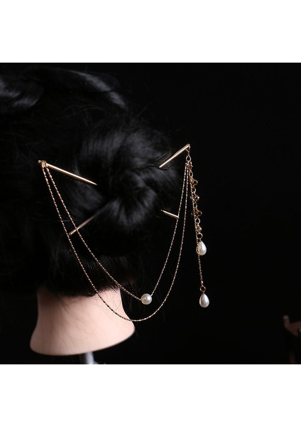 Stil 6 Çift Zincirli Saç Çatal Inci Püskül Saç Tokası Nunchaku Firkete Çin Tarzı Retro Saç Aksesuarları Hanfu Tiaras Süsler (Yurt Dışından)