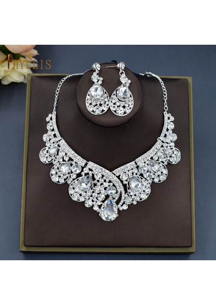 C46 3pcs Set Gümüş A07 Kadın Klasik Düğün Takı Seti Rhinestone Tiaras Taç Kolye Küpe Seti Pageant Diadem Gelin Dubai Takı Seti (Yurt Dışından)