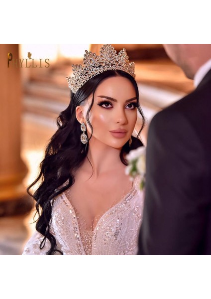 C46 3pcs Set Gümüş A07 Kadın Klasik Düğün Takı Seti Rhinestone Tiaras Taç Kolye Küpe Seti Pageant Diadem Gelin Dubai Takı Seti (Yurt Dışından)