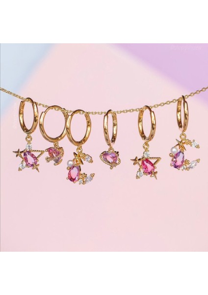 Gül Altın Yeni Ins Basit Yıldız Ay Küpe Vintage Zarif Pembe Zirkon Ay Yıldız Asimetrik Küpe Kadın Kızlar Için Moda Takı (Yurt Dışından)